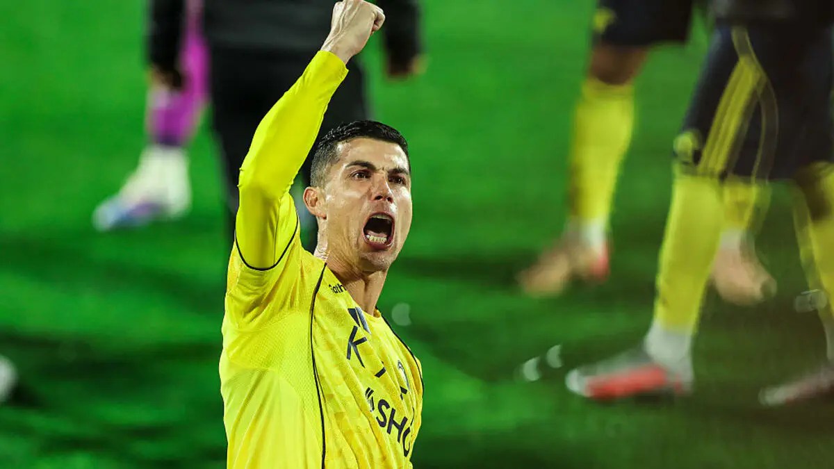 Cristiano Ronaldo celebrating his goal against Al Kholood