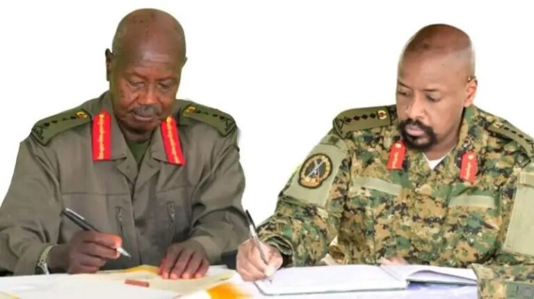 Yoweri Museveni (left) with his son Muhoozi Kainerugaba (right) who is a military officer, Chief of Defence Forces of the Uganda People's Defence Force and is the chairman of the Patriotic League of Uganda