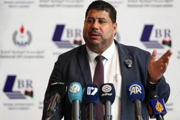 Masoud Suleiman Musa, acting chairman of Libya's National Oil Corporation, speaks during a news conference announcing grants of oil exploration and production licenses, in Tripoli, Libya, February 11 | Mahmud Turkia/AFP