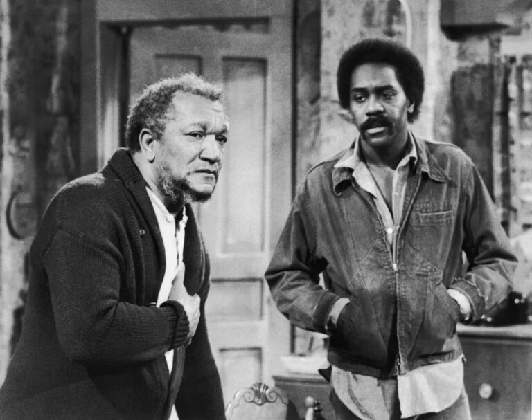 Demond Wilson (right) in a still from a 1974 episode of Sanford and Son. The actor played Lamont Sanford, the disgruntled offspring of Redd Foxx's Fred Sanders (left), in the hit 1970s NBC sitcom. NBC Television/Getty Images/Hulton Archive