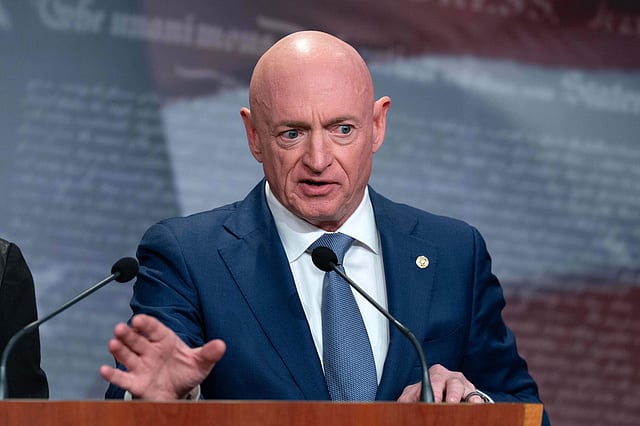 Sen. Mark Kelly, D-Arizona, speaks during a news conference at Capitol Hill, Wednesday, Feb. 11, 2026, in Washington. | AP