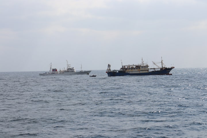 Japan's Fisheries Agency patrol vessel "Hakuo Maru" and Chinese fishing vessel "Qiong Dong Yu 11998" in waters off southwest Nagasaki Prefecture, Japan, February 12, 2026, in this handout photo provided by the Fisheries Agency of Japan. Fisheries Agency of Japan | REUTERS