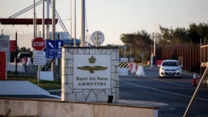The entrance of RAF Akortiri, a British Base in Cyprus, which was hit by a suspected Iranian-made Drone | REUTERS