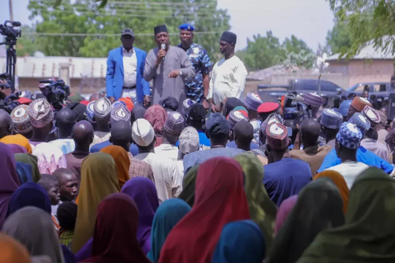 Babagana Zulum, the Borno state governor, speaks to people Friday in Pulka after they fled an attack by Islamic militants in Ngoshe. | Jossy Ola / Associated Press