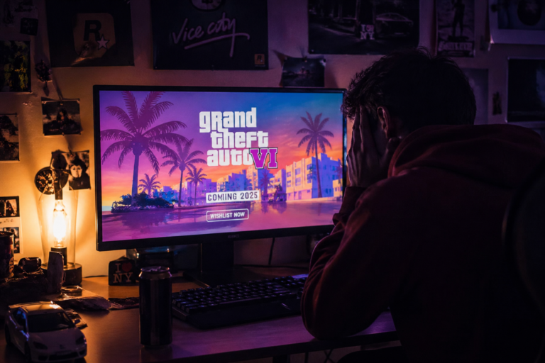 Frustrated gamer in a dimly lit room watching a GTA VI teaser on a monitor, reflecting the pressure and unrealistic expectations surrounding the game’s hype.