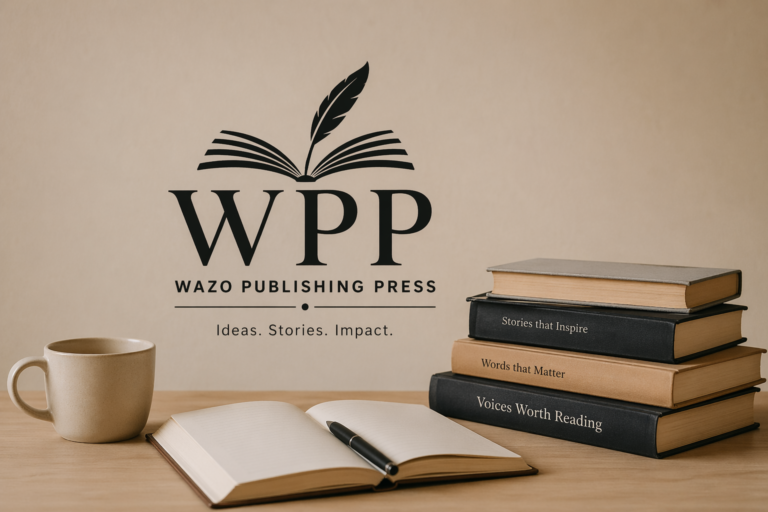 Minimalist workspace with books, open notebook, coffee mug, and WPP (Wazo Publishing Press) logo on a beige background