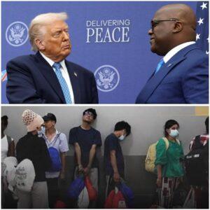Migrants arrive at N’djili International Airport in Kinshasa under a new U.S. relocation deal, sparking debate over third-country migrant transfers.