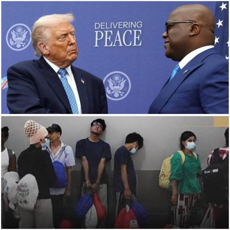 Migrants arrive at N’djili International Airport in Kinshasa under a new U.S. relocation deal, sparking debate over third-country migrant transfers.