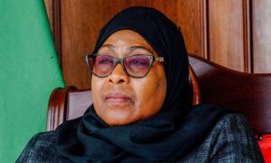 Samia Suluhu Hassan speaking at a youth forum in Zanzibar, addressing young people during Tanzania’s 62nd Union anniversary celebrations.