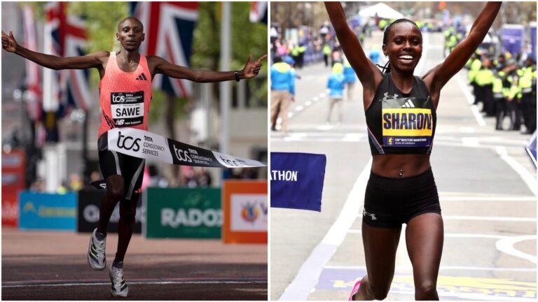 Sharon Lokedi crossing the finish line in Boston and Sebastian Sawe running in London, where the Kenyan athletes secured victory and a record-breaking time.