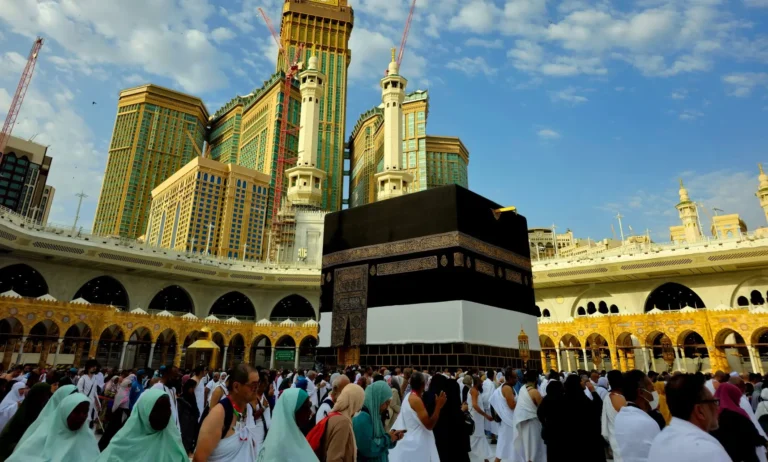 Pilgrims gathered around the Kaaba inside Masjid al-Haram in Mecca.