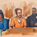 In an court artist’s sketch, Cole Allen sits in a Washington DC courtroom during a hearing