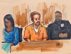 In an court artist’s sketch, Cole Allen sits in a Washington DC courtroom during a hearing